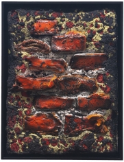 Vaughn Spann  The end of a solid foundation, 2019  Polymer paint, natural material, resin, and clay on wood  18 x 24 x 4 inches
