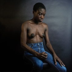 Christie Neptune  Sitting Like Delia With Bare-Front, Indigo, and Shutter Release in Hand, 2018  Digital chromogenic print  20 x 20 inches