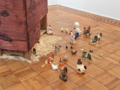 This image is an installation view of the February James exhibition titled "When the Chickens Come Home To Roost." The exhibition features paintings, watercolors and sculptures by February James installed and on view at Tilton Gallery.