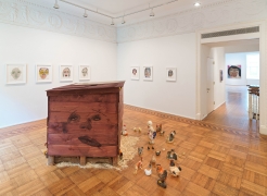 This image is an installation view of the February James exhibition titled "When the Chickens Come Home To Roost." The exhibition features paintings, watercolors and sculptures by February James installed and on view at Tilton Gallery.