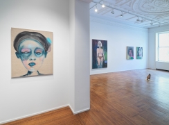 This image is an installation view of the February James exhibition titled "When the Chickens Come Home To Roost." The paintings, watercolors and sculptures by February James are installed and on view at Tilton Gallery.