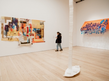 Tomashi Jackson’s “Hometown Buffet-Two Blues (Limited Value Exercise),” left, and “Third Party Transfer and the Making of Central Park (Seneca Village — Brooklyn 1853-2019),” right, are as much about abstraction as racial politics. Olga Balema’s Styrofoam “Leaf” is at center. Credit: Vincent Tullo for The New York Times