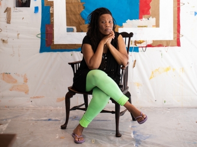Image of the artist Tomashi Jackson in her studio at The Watermill Center, June 2021. Photo: Copyright Jessica Dalene, courtesy of The Watermill Center