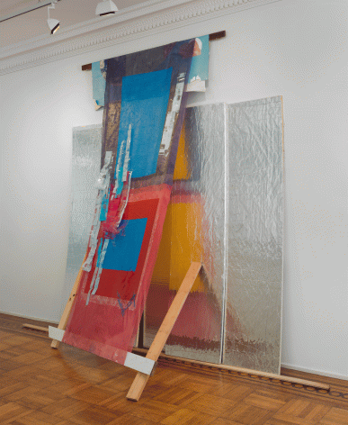 Tomashi Jackson "Apartheid Blues II (Old Texas Courtroom)", 2015 Mixed media on gauze, canvas, wood and installation board 121 x 151 x 38-1/2 inches Installation View