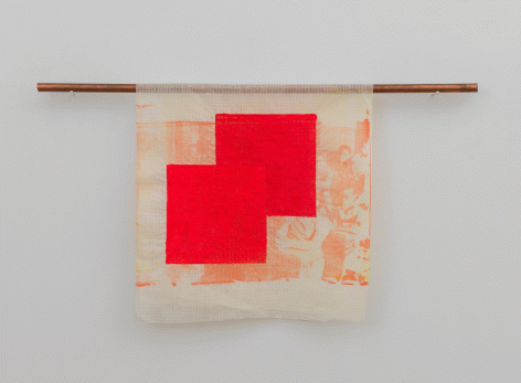 Tomashi Jackson "Limited Value Exercise IV (Brown, et. al. v. Board of Education of Topeka, et. al.)", 2014 Acrylic and silkscreen on gauze with copper support 23-3/4 x 23-5/8 inches