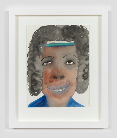 A framed work on paper by February James titled "I've been waiting for this moment" made in 2021 depicting a figure's head.