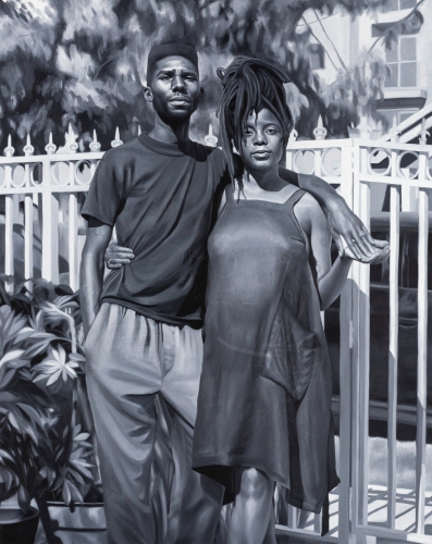 This is an image of a painting by Kohshin Finley made in 2020 on view at LACMA in the exhibition: Black American Portraits.