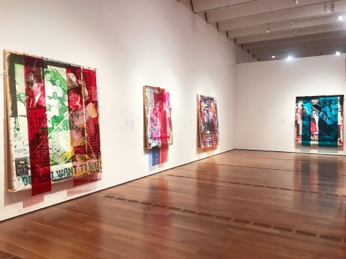 This is an image of artworks by Tomashi Jackson installed at the High Museum in Atlanta, Georgia.