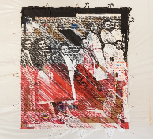 Tomashi Jackson, "Is Anybody Gonna Be Saved" (Red and Black), 2020, Pentelic marble dust on election ephemera, acrylic, paper bags, cotton fabric, canvas, 84 x 73 inches
